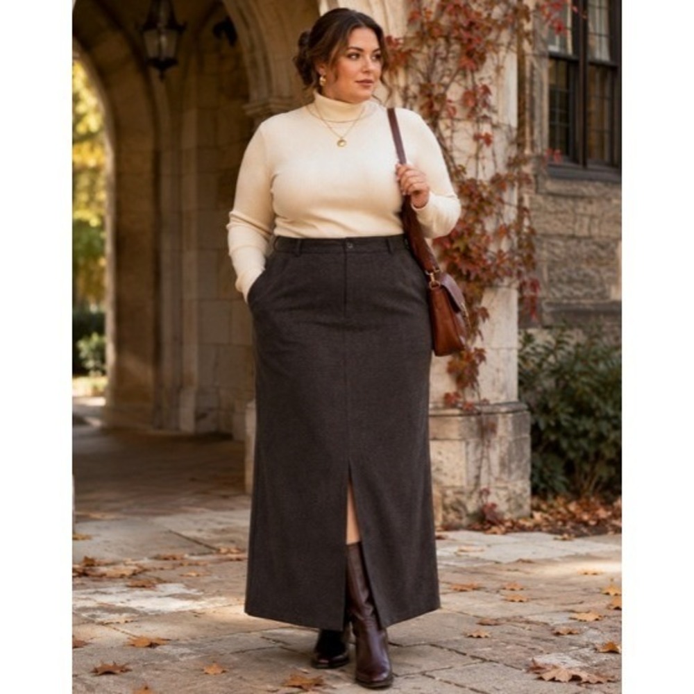 Eddie Bauer Size 18 Brown Wool Blend Maxi Skirt Dark Academia Lined Front Slit